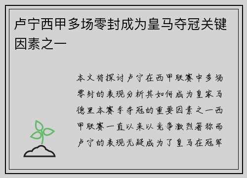 卢宁西甲多场零封成为皇马夺冠关键因素之一